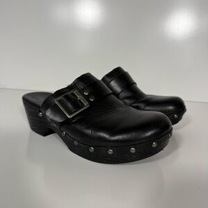 Kork-Ease Black Leather Studded Buckle Mule Clogs